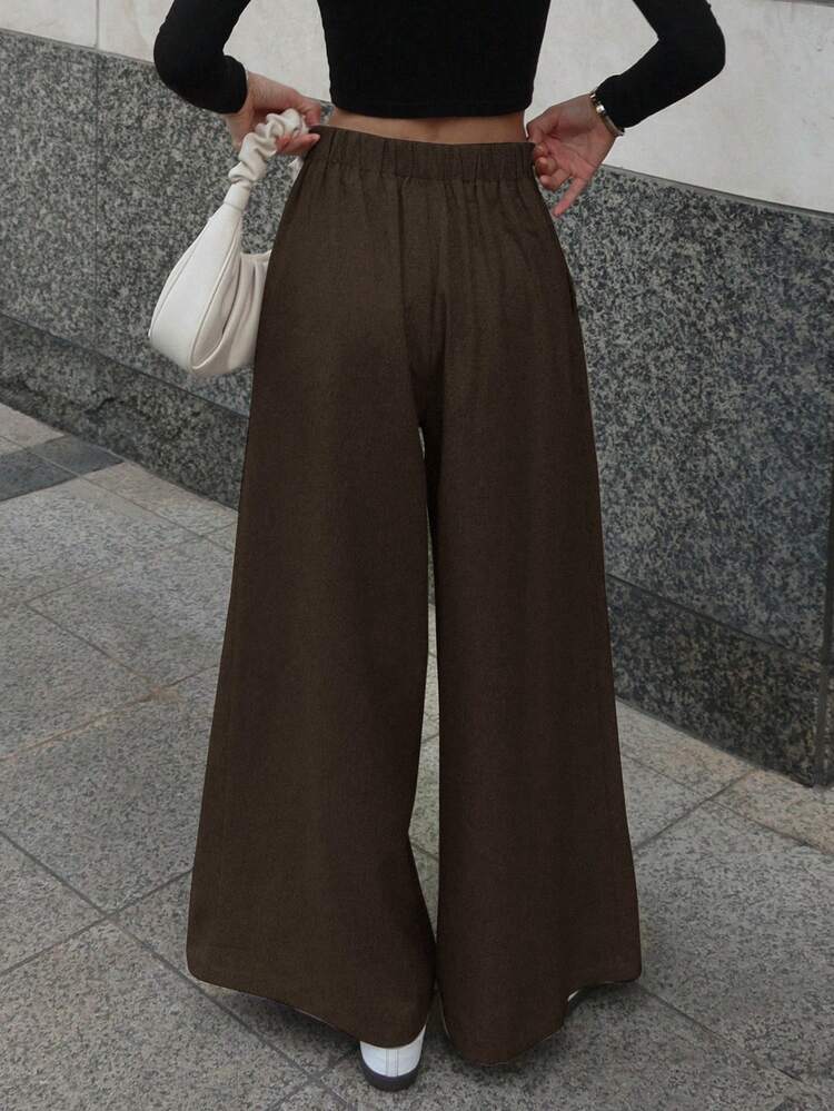 Women's Loose Fit Wide Leg Pants With Pockets And Elastic Waistband, Solid Color