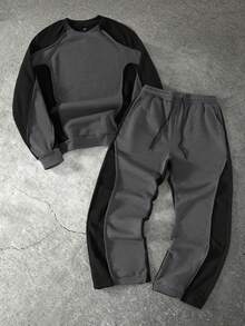 PAVTROS 男士拼色圆领长袖休闲运动衫和运动裤宽松套装，秋季，男士两件套，男士两件套运动裤，男士运动服，男士两件套春秋季 18 25 63 77，舒适服装 - 深灰色 - 查看 12