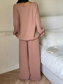 SHEIN EZwear 两件套咖啡棕色针织休闲女式上衣和裤子 - 咖啡棕 - 查看 2