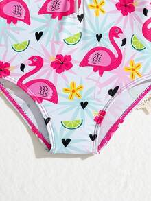 Baby Girls 1-Piece Swimsuit With Hat,Fuchsia Bow & Flamingo Print Long Sleeve Rash Guard Bathing Suit,Summer Holiday Beach Pool Swimwear For 12 Month - Pink - View 6