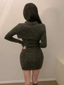 DAZY 女士圆领无袖针织连衣裙和镂空长袖针织上衣 - 灰色 - 查看 2