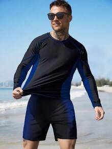 Manfinity Swimmode Men's Contrast Color Raglan Sleeve Top And Shorts Swimsuit 2 Pieces Set