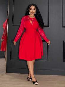 Slaydiva 秋季新款蕾丝拼接修身A字公主风晚礼服，适合情人节约会、生日派对、宴会、返校、日常休闲穿着、邮轮旅行、潮流时尚、优雅大方、通勤、商务休闲等场合 - 红色，大码 - 紅色 - 查看 9