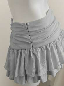 Elamini 米色褶皱高腰低腰双层雪纺半身裙，度假风迷你裙 - 灰色 - 查看 3