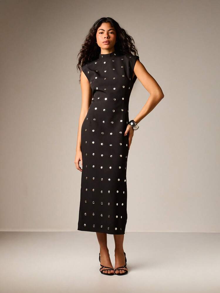 AiiRZ High Neck Sleeveless Studded Midi Dress With Metal Embellishments For Party Evening Occasions