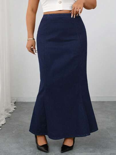 Elenzga Plus Size Women Party Dresses  Solid Color Washed Denim Skirt, Autumn/Winter