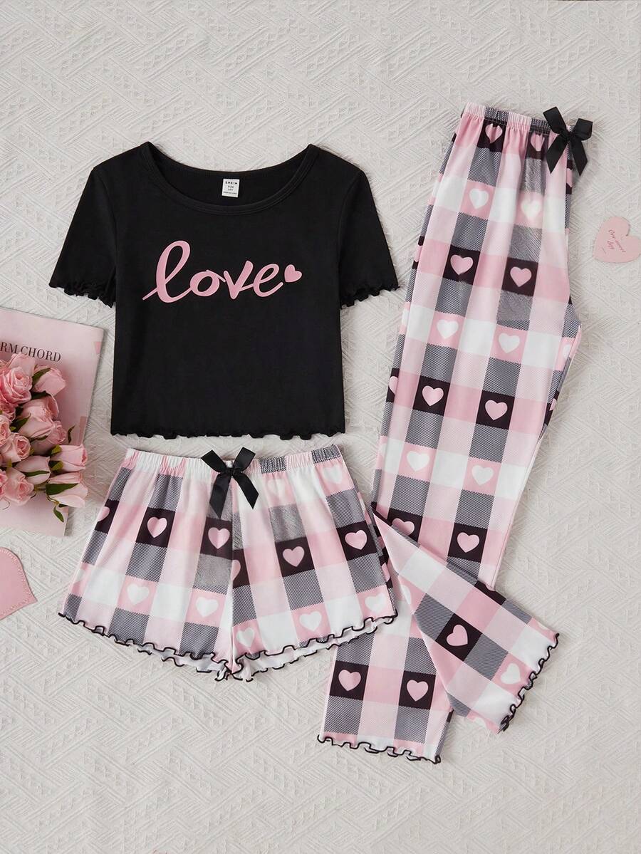 3pcs/Set Tween GirlsBrown Bear Print Long Pants, Shorts And Short Sleeve Pajama Set - Black - View 1