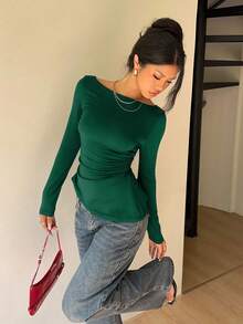 Siren Gaze Women's Lace Patchwork Backbow Slim Fit Long Sleeve Off Shoulder Black Blouse Elegant Spring - Green - View 3