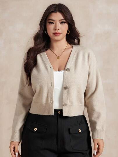 Dazy Plus 大码女式V领宽松优雅休闲束腰开衫，春秋季