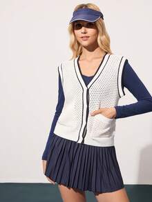 CourtClass Women's Striped Single-Breasted Hollow Pocket Knitted Vest Athleisure Tennis Tennis Sweater Vest Golfing Tennis Vest Pickleball