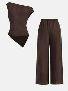 Firerie Kids 2pcs Tween Girl Casual Coffee Ruched Off-Shoulder Sleeveless Fitted Knit Top And Flare Pants Set, Suitable For Home, Outdoor, Travel, Casual Daily Wear, And School - Coffee Brown - View 2