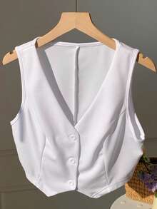 SHEIN EZwear Women's Single Breasted V-Neck Solid Color Suit Vest In Fall/Winter - White - View 4