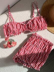 Comfortcana Set de 2 piezas de top corto con volantes y shorts a cuadros para mujer - Blanco - Ver 8