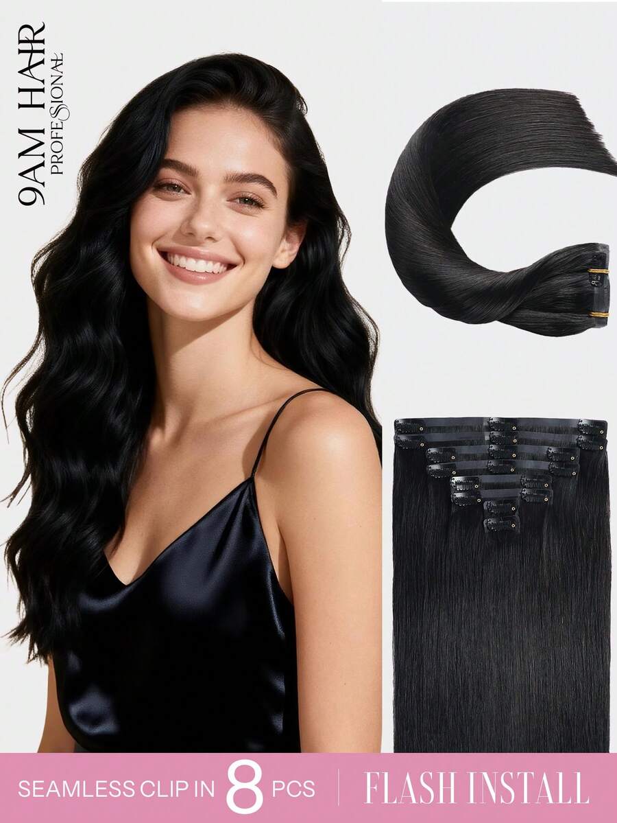 9AM Hair Seamless Hair Extensions Classical Seamless Pu Straight Clip In Hair Extensions Remy Human Hair 8 Cái Mỗi Bộ Với 18 Kẹp Tóc Kẹp Tóc Dệt Đôi Của Con Người Tóc Nối Pu - S1 - Xem 1