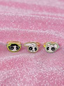 THE POWERPUFF GIRLS X SHEIN Set de anillos con estampado de patrones de dibujos animados populares, elegante y con estilo, adecuado para fiestas, conciertos y festivales - Dorado - Ver 3