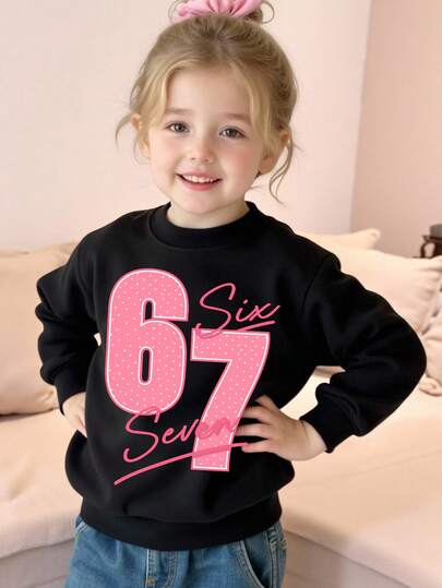 SHEIN Young Girl Cozy Fall & Winter Styles Casual Fashion Creative Personalized Fresh Cute Simple Numeric 67 Starry Design Letter Slogan Graphic Print Comfortable Pullover Sweatshirt, Suitable For Autumn/Winter