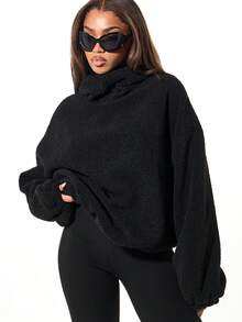 SUMWON WOMEN Áo hoodie Sherpa Borg cỡ lớn có dây rút, tay dài, ấm áp, mặc thường ngày, dạo phố mùa đông - màu đen - Xem 4