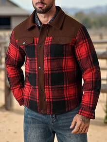 Manfinity Nomadique Men's Plaid Patchwork Zip-Up Casual Jacket Winter Cowboy Jacket Men Country Clothes - Brown - View 3