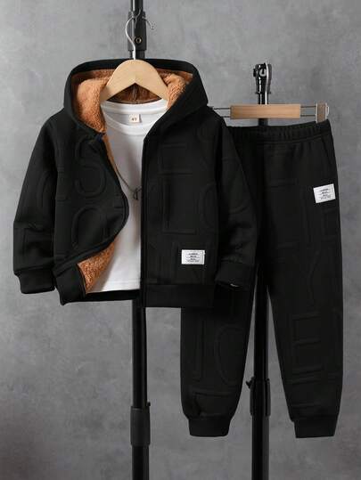 两件套男童休闲纯色长袖保暖拉链外套和裤子套装，适合日常休闲户外穿着，秋冬季