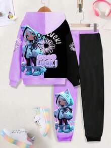 Sparklyn Bộ đồ hoodie in hình cô gái may mắn hoạt hình thời trang phong cách đường phố giản dị phù hợp mặc đi học, thể thao, hoạt động ngoài trời cho bé gái - màu đen - Xem 2