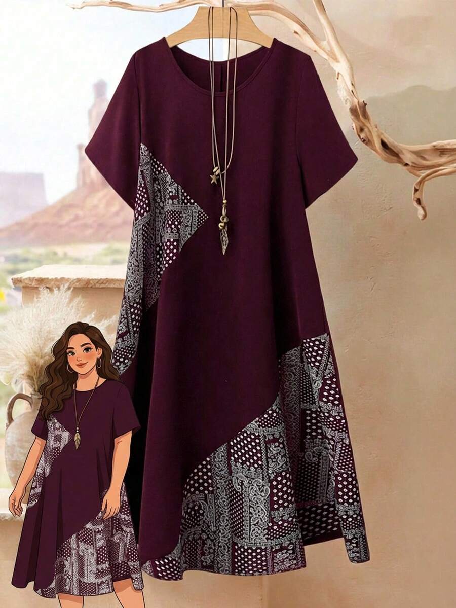 Rusticease Plus Size Geometric Print Round Neck Casual Short Sleeve Dress, Suitable For Summer - Burgundy - View 1
