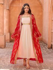 2 pièces/Set Style élégant moyen-oriental Top à manches longues et veste pour adolescentes, avec silhouette raffinée, accents texturés délicats, lignes évasées douces et superposition légère. Convient pour les représentations, les campus et un port polyvalent en toutes saisons - Multicolore - Voir 8