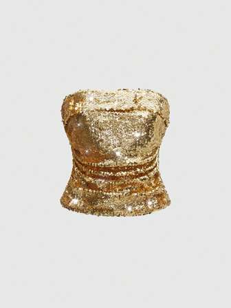 ROMWE Avant Damen Große Größen Musik Festival Gold Pailletten Bandeau Top, Crop Top, Frühling/Sommer