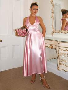 Glamine Damen einfarbiges Satin Abendkleid, elegantes Damen Kleid mit V-Ausschnitt und ärmellos, ausgestellter Damenkleider, Damenbekleidung für Geburtstag, Sommer, Valentinstag, rosa Seidenkleid, rosa Satinkleid, Bodenlanges Kleid, Abendkleid, Partykleid, elegantes Abendkleid, Ausgehkleid, Belle elegantes Kleid, Damen Abendkleid - Pink - Übersicht 3