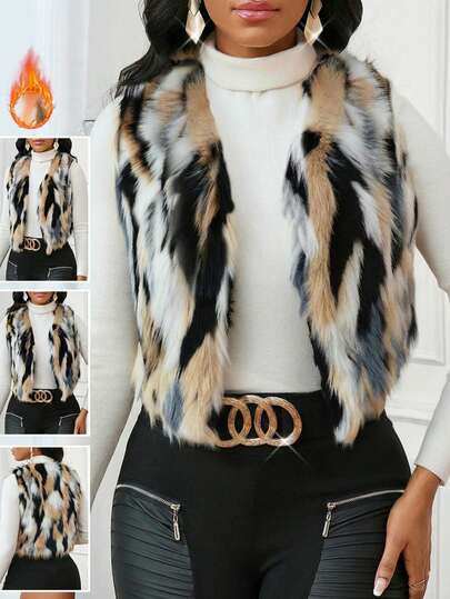 SHEIN Lady 新款加大码女式撞色开襟仿皮草时尚背心外套，秋冬女装，圣诞新年休闲时尚系列