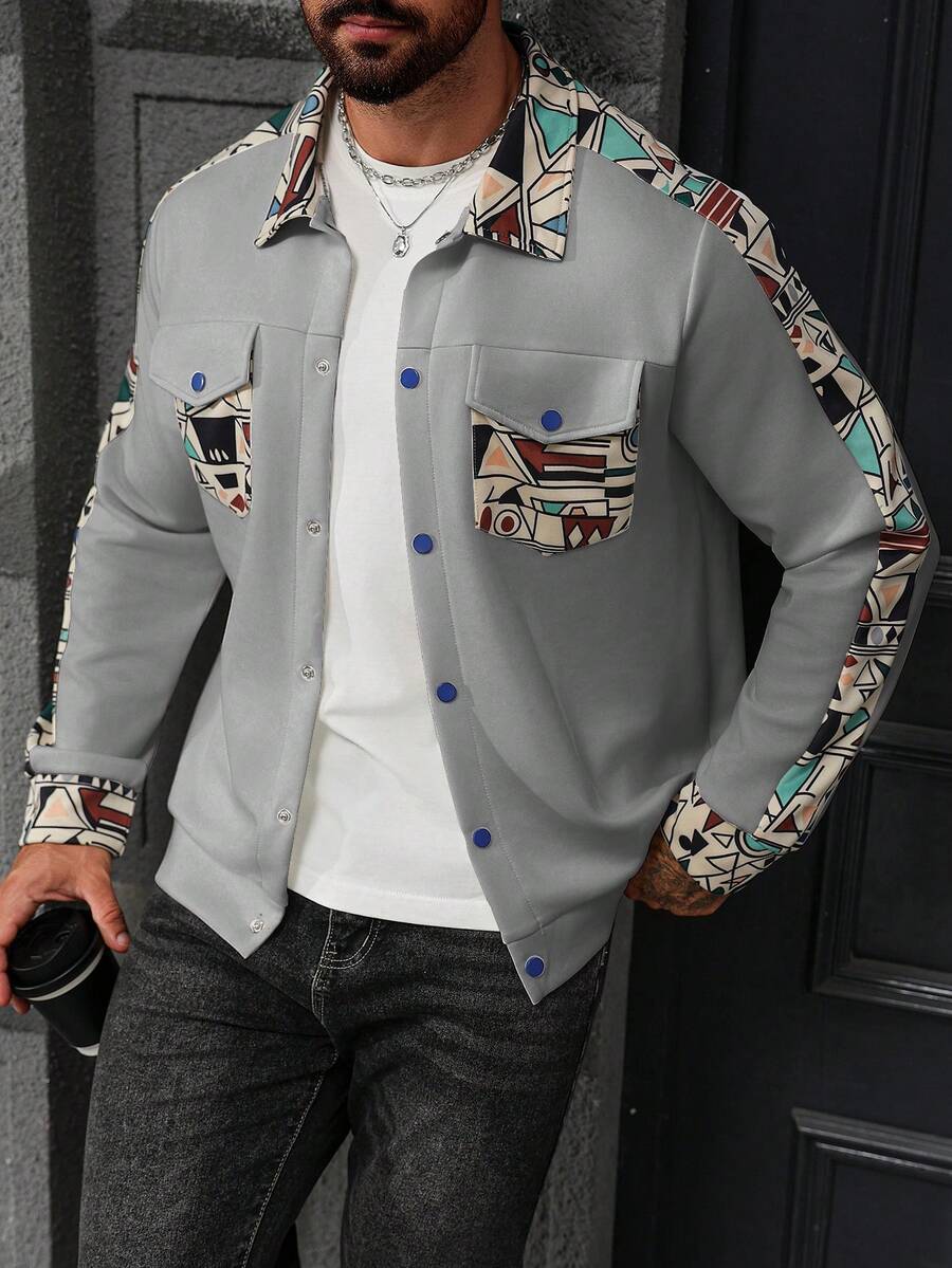 Manfinity Homme Men's Geometric Pattern Long Sleeve Single-Breasted Jacket,Grey Autumn Streetwear City Break Western Button Up Boho Shirt Men Designer Graphic Jacket - Light Grey - View 1