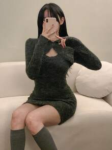 DAZY 女士圆领无袖针织连衣裙和镂空长袖针织上衣 - 灰色 - 查看 8