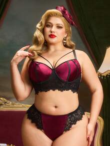 PinupPomp Plus Size Sexy Lingerie Set, Black Lace & Wine Red Satin Patchwork With Underwire, Retro Palace Style - Black - View 3