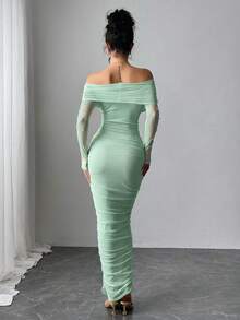 Firerie Women's Elegant Sage Green Off-Shoulder Pearl Decor Ruffle Fitted Slim Summer Party Formal Wedding Date Maxi Dress - Green - View 2