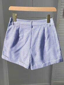 Comfortcana Quần short sọc xếp ly cuộn gấu rộng thoải mái cho nữ - Xanh và trắng - Xem 2