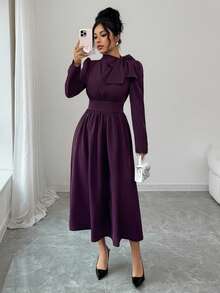 Rafferiza 女士优雅纯色长袖蝴蝶结领收腰A字连衣裙 - 紫色 - 查看 4