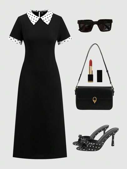 Ellevyn Women's Short Sleeve Knit Elastic Waist Colorblock Polka Dot Print Elegant Midi Dress, Suitable For Everyday Wear And Commuting, Early Spring Spring Clothing Elegant Dresses For Ladies Polka Dot Dress Collared Dress Polka Dot Trim Dress Black Midi Dress Short Sleeve Dress Summer Outfits Black Dress Summer Dress