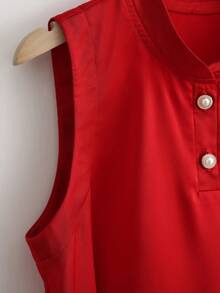 Franclia Elegant Women's Red Sleeveless Top With Stand Collar,Smooth Fabric Tank Top For Summer Party,New Year's Celebrations & Valentine's Day - Red - View 3