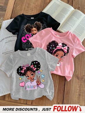 3pcs Young Girl Cartoon Pattern Solid Color Crew Neck Short Sleeve T-Shirt, Casual Summer Outfits