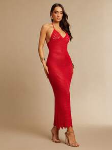 Silquee 女士纯色吊带系带镂空钩编优雅修身派对连衣裙 - 紅色 - 查看 3