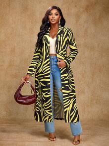 Brilight Abrigo de mujer con estampado de cebra suelto y extra largo, con cuello de solapa y un botón. Con estampados de animales y flores. Adecuado para fiestas, artículos de fiesta y uso diario. Abrigo extra largo, abrigo de otoño
