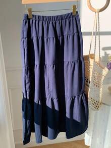 Comfortcana Váy chữ A xếp ly lưng thấp họa tiết màu trơn đơn giản cho nữ - Màu xanh hải quân - Xem 2