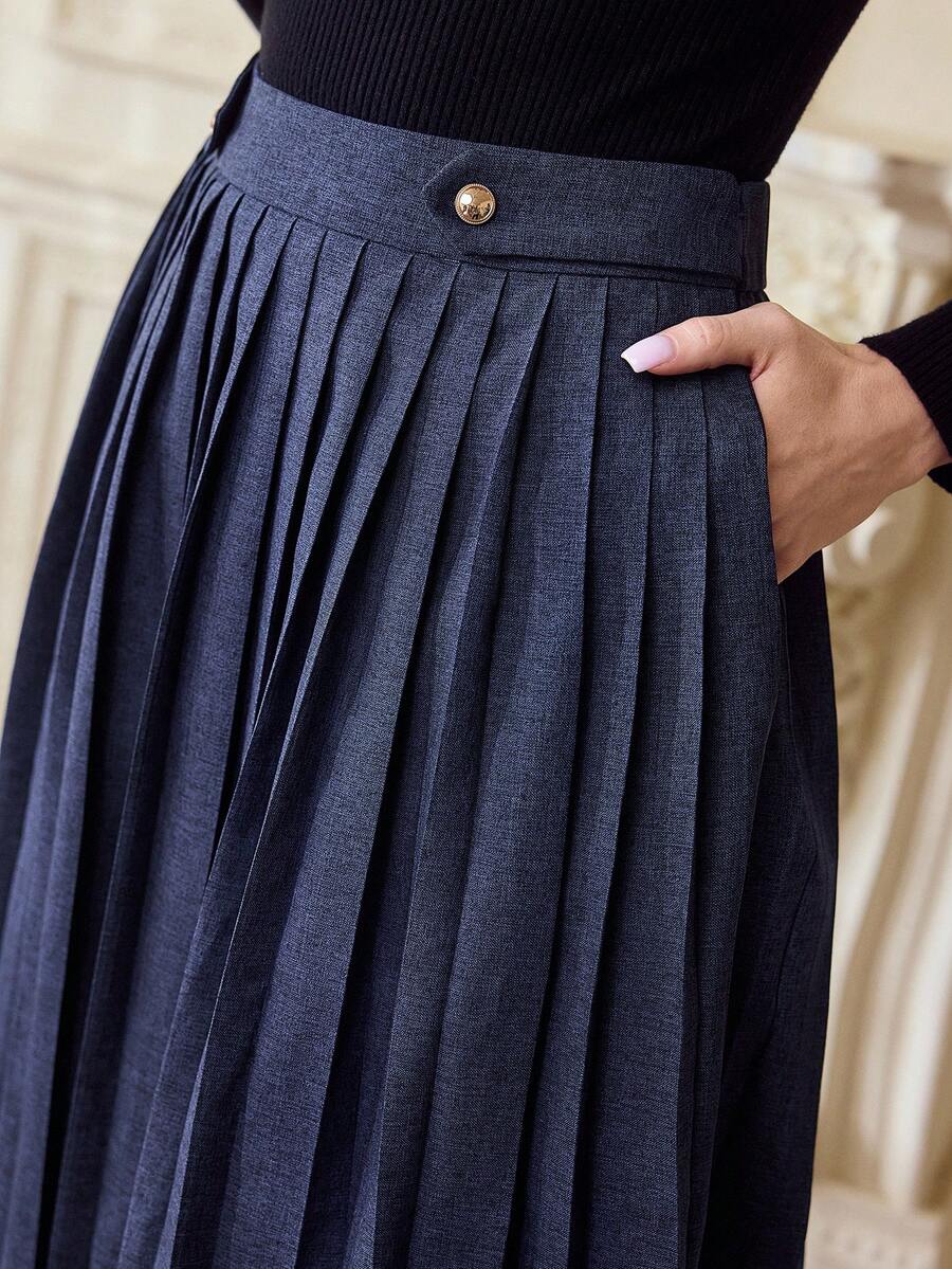 Vintamour Vintage Elegant Women Pleated Button Pocket Casual Skirt Work Holiday Vacation Winter For Women Christmas For Women New Year Elegant Skirt - Blue - View 1