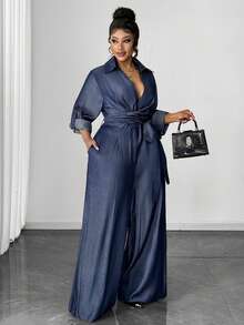 Maweii Bộ đồ liền thân ống rộng buộc dây thời trang cỡ lớn - Màu xanh hải quân - Xem 5