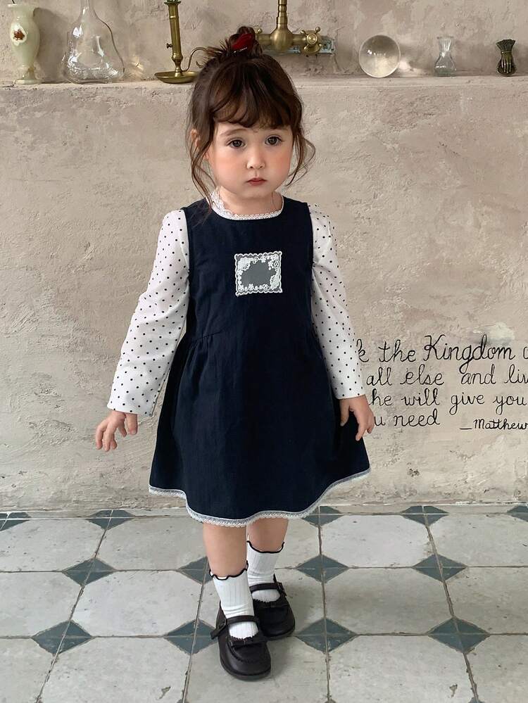 Toddler Girls' Round Neck Lace Patchwork Korean Style Layered Dress