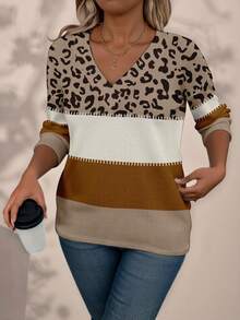 EMERY ROSE Camiseta de manga larga con estampado de leopardo y bloques de color para mujer de talla grande - Multicolor - Ver 3