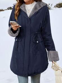 SHEIN Clasi 女士优雅高端束腰口袋拉链绗缝外套，修身显瘦，秋冬款 - 藏蓝色 - 查看 4