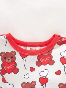 Cozy Pixies Baby Girl Snug Fit Pajama Set, Cartoon Bear & Heart Valentine's Day Pattern, Soft Knit Crew Neck Long Sleeve Top And Elastic Waist Long Pants, Red, Suitable For Loungewear - Red - View 3