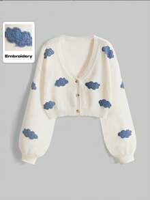 ROMWE Kawaii Cute 3D Sky Blue Cloud Decor Plus Size Women Cardigan, Beige - Beige - View 1