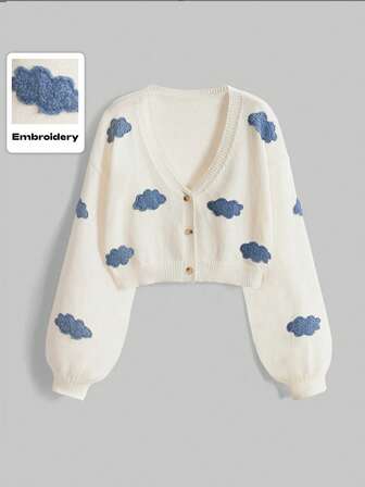 Kawaii Cardigan da donna taglia comoda con decorazione 3D a nuvole azzurro cielo, beige