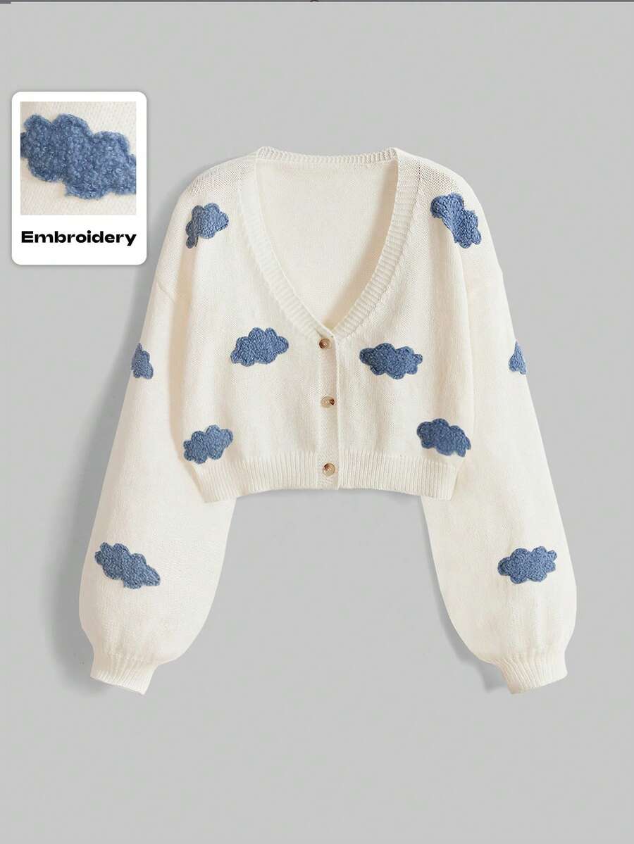ROMWE Kawaii Cute 3D Sky Blue Cloud Decor Plus Size Women Cardigan, Beige - Beige - View 1